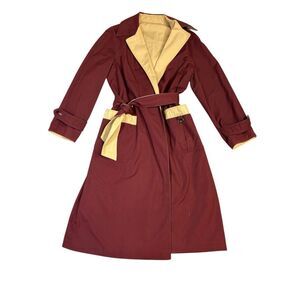 Etienne Aigner Reversible Trench Coat Women’s M Vintage Burgundy Tan Belted